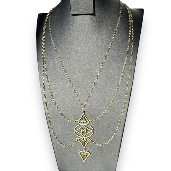 Festoon Necklace Brass Color Metal Filigree Design Three Strands Necklace - Picture 3 of 6